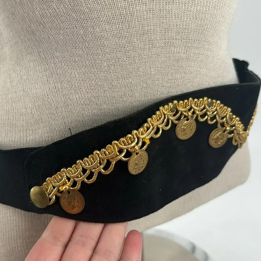 Vintage Roman coin black suede 80s cumberbund waist corset belt